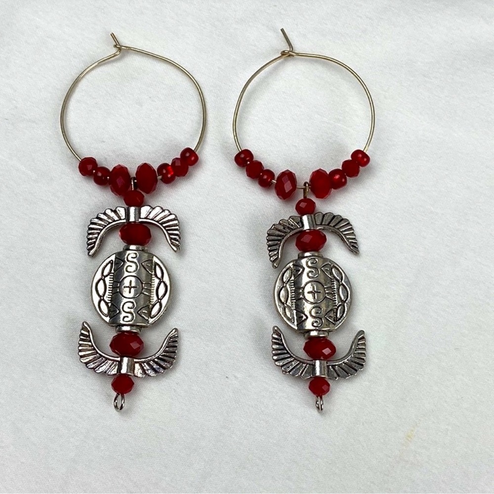 Dangle hoop “tribal” style silver tone ruby large hoop crystal earrings